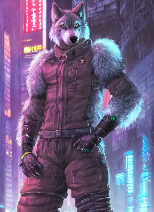 Image similar to character portrait of a male muscular anthro wolf fursona with a tail and a cute beautiful attractive detailed furry face wearing stylish cyberpunk clothes in a cyberpunk city at night while it rains. hidari, color page, tankoban, 4K, tone mapping, Akihiko Yoshida. Nomax, Kenket, Rukis.