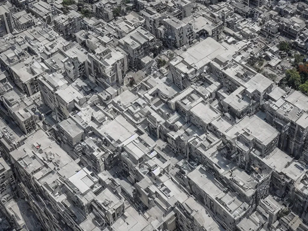 Image similar to drone view of a Brutalist concrete architecture, sharp focus, detailed architecture, telephoto lens, photorealism, digital art 4k