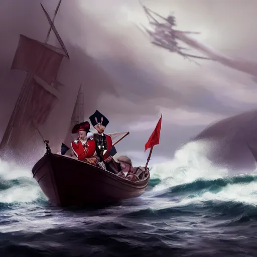 Prompt: bonnie prince charlie being sent off in a small boat amidst crashing waves while scotsmen help him, 4 k, concept art, by wlop, ilya kuvshinov, artgerm, krenz cushart, greg rutkowski, pixiv. cinematic dramatic atmosphere, sharp focus, volumetric lighting, cinematic lighting, studio quality