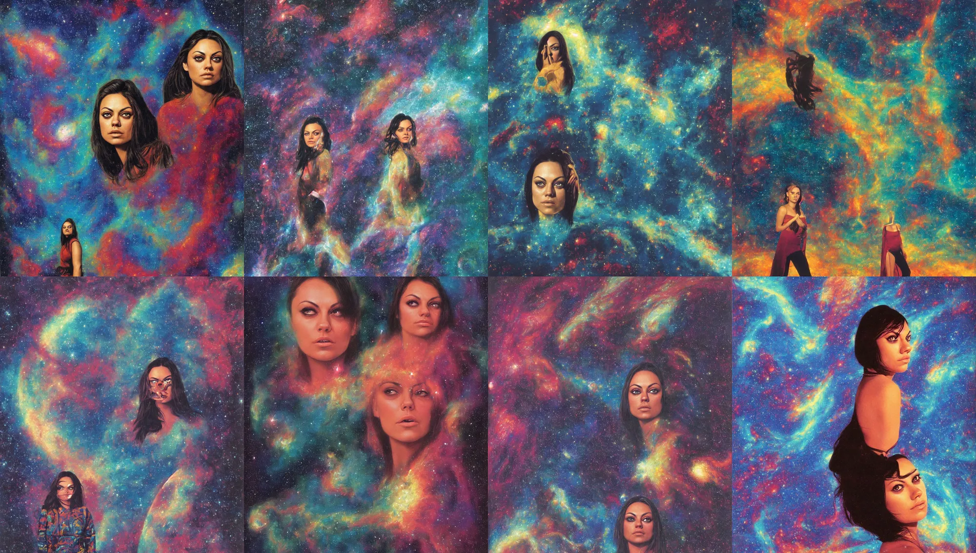 Prompt: close face portrait of Mila Kunis waiting in an enormous colorful space lobby with a window on a nebula, 1970, Ludek Pesek, Rick Guidice, Chesley Bonestell, Lucien Rudaux, Rolf Klep, Fred Freeman, George Pal