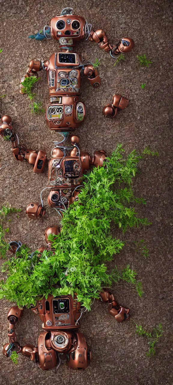 Image similar to award winning photo of modern robot body rusty and filled with plants, stunning, 4 k, detailed, top - down, realistic