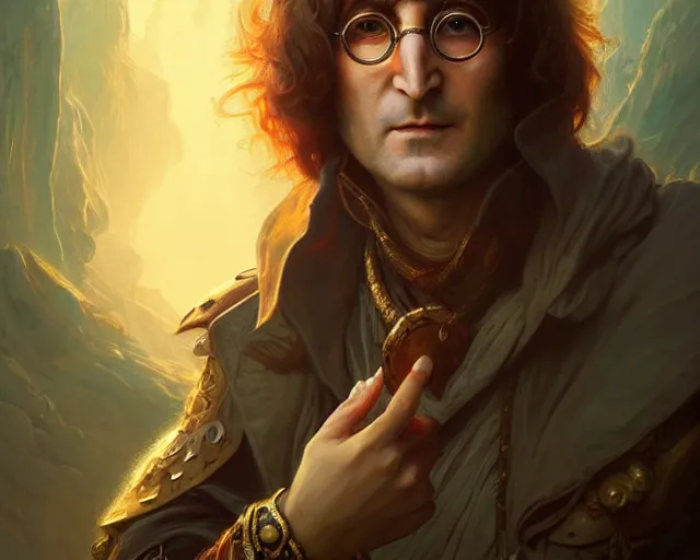 Image similar to john lennon, 8 k, deep focus, d & d, fantasy, intricate, elegant, highly detailed, digital painting, artstation, concept art, matte, sharp focus, illustration, hearthstone, art by artgerm and greg rutkowski and alphonse mucha