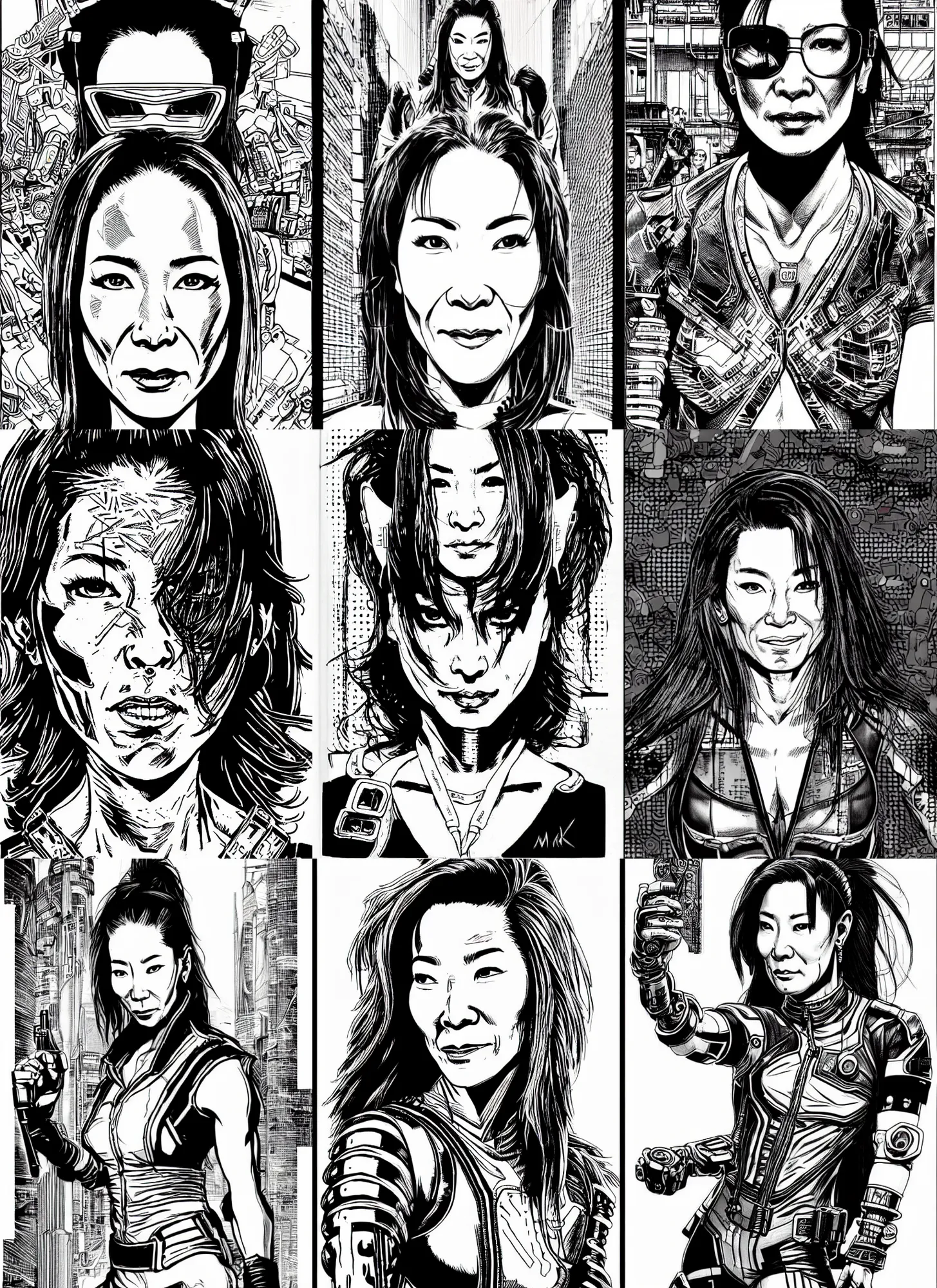 Prompt: michelle yeoh, portrait, cyberpunk 2 0 2 0 manual, by steampoweredmikej, inktober, ink drawing, black and white, coloring pages, manga, highly detailed