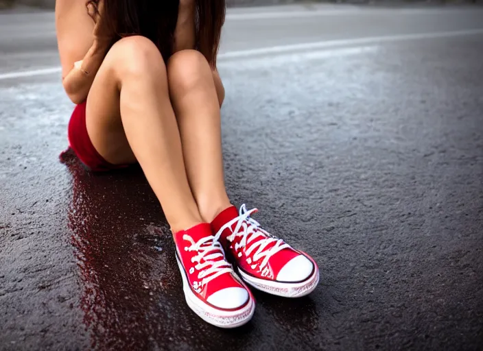 Prompt: side view of the legs of a woman sitting on the ground on a curb, very short pants, wearing red converse shoes, wet aslphalt road after rain, blurry background, sigma 8 5 mm