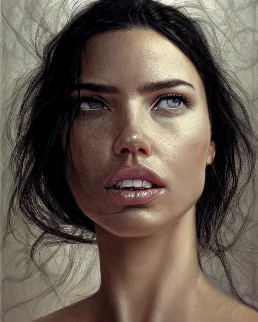 Prompt: cinematic portrait of adriana lima, intricate, elegant, by alyssa monks, highly detailed, symmetrical face, fine details, masterpiece, trending on artstation