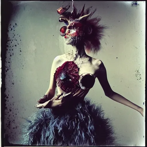 Image similar to damaged kodak portra 4 0 0, wetplate, photo of a surreal artsy dream scene,, very beautiful model, weird fashion, grotesque, extravagant dress, strange pose, carneval, with an animal, wtf, photographed by paolo roversi style