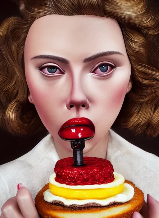 Image similar to closeup portrait of tin toy scarlett johansson eating cakes, depth of field, zeiss lens, detailed, symmetrical, centered, fashion photoshoot, by nicoletta ceccoli, mark ryden, lostfish, earl nore, hyung tae, frank frazetta, breathtaking, 8 k resolution, extremely detailed, beautiful, establishing shot, artistic, hyperrealistic, octane render