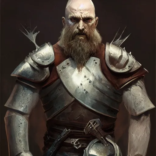 Image similar to rough-skinned, short-bearded undead Viking warrior with ice-pale skin wearing brutalist plate armor with art deco knotwork, by Greg Rutkowski and Brom
