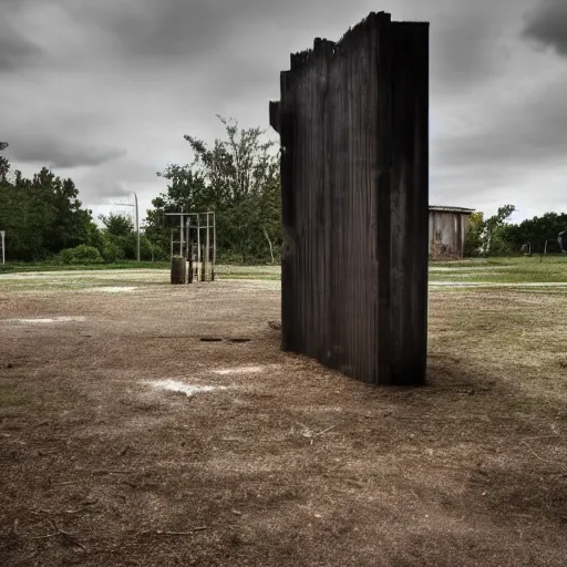 Prompt: an abandon playground with a tall dark figure in the background, liminal, dark, highly detailed,