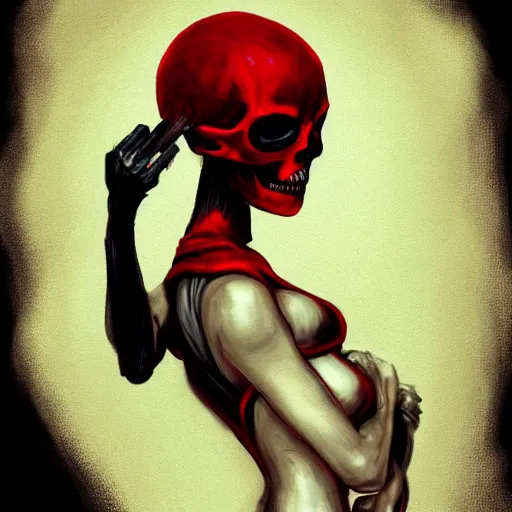 Prompt: Female death. holding a red and black skull. with the top cut off in one hand up to her face like hamlet, kodachrome, high contrast, highly detailed, sharp focus, digital painting, concept art, illustration, trending on artstation,