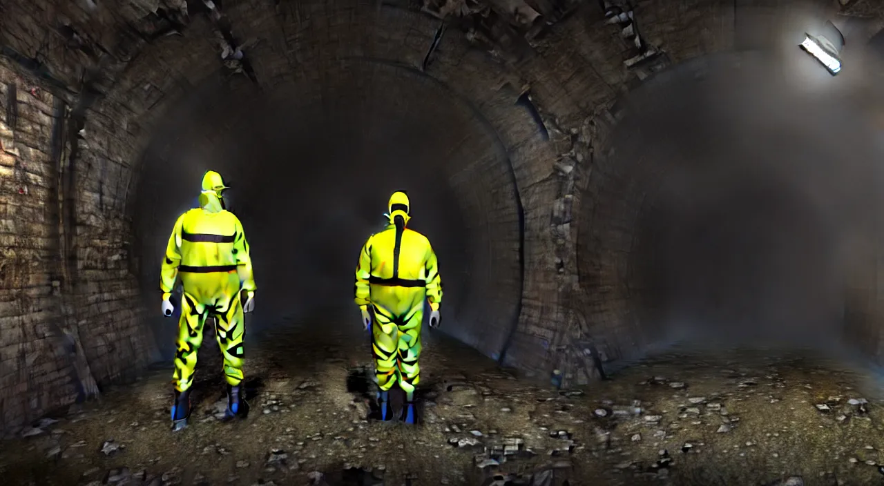 Image similar to a single man in hi viz hazmat suit wanders around a crumbling victorian london sewer, stunning render, high octane, 3 d, cinematic lighting