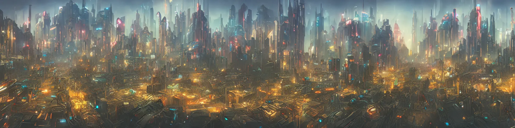 Image similar to Panorama view of cyberpunk city from the street level, art style by pete mohrbacher and artgerm