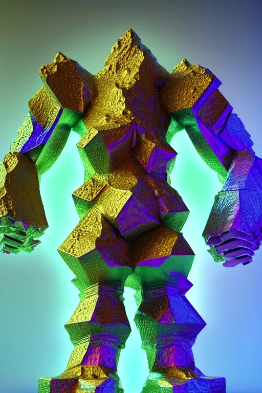 Prompt: concept art of fractal colorful bismuth metal giant golem : : shiny rainbow bismuth fractalization patterns : : extremely high details, masterpiece, photorealistic, hyperrealism, vray, octane render, volumetric lighting, depth of field, bokeh, artstation, cgsociety by elyse graham, johannen voss, greg broadmore