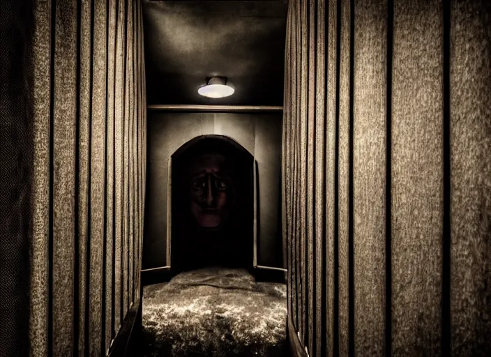 Prompt: Photo inside of a dark confessional booth. On the other side there is a shadowy figure with glowing eyes instead of a priest. Cinematic horror movie still