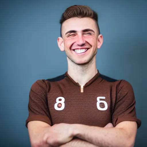 Prompt: a portrait of a young Caucasian man smiling with short brown hair that sticks up in the front, blue eyes, groomed eyebrows, tapered hairline, sharp jawline, wearing a volleyball jersey, sigma 85mm f/1.4, 15mm, 35mm, 4k, high resolution, 4k, 8k, hd, highly detailed, full color, Kodak Kodachrome Film