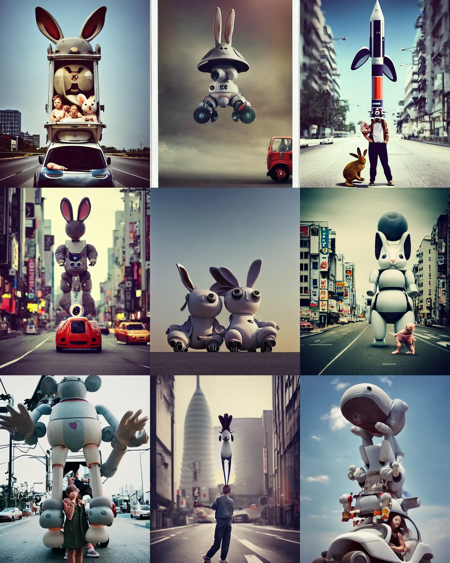 Prompt: epic pose!!! googly eyed giant oversized rocket battle rabbit robot chubby mech baby sport car double decker with giant oversized ears and rabbit babies , in tokio , full body , Cinematic focus, Polaroid photo, vintage , neutral dull colors, soft lights, foggy sunset , by oleg oprisco , by national archives, by discovery channel, by victor enrich , by gregory crewdson