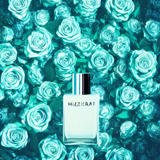 Prompt: centered bright perfume bottle standing in clear blue rippling water surrounded by a plethora of mint leaves and roses, with white crisp zen mountain background, illumination lighting, sharp focus, surreal photography, vogue, hartper's bazaar, sephora,