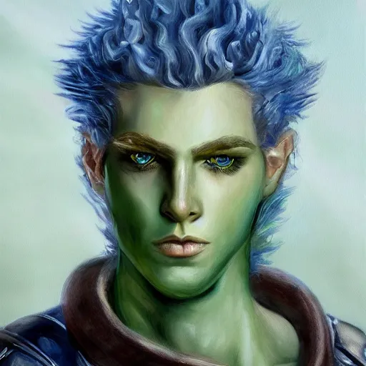 Prompt: oil painting of a beautiful platinum blond curly haired cleanshaven himbo with heterochromia, one blue eye one green eye, wearing heavy armor, d & d fantasy concept art