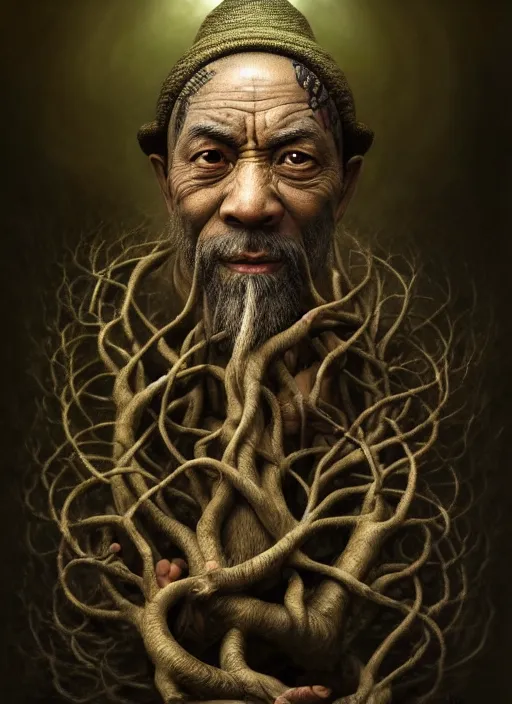 Image similar to monk with roots all over his face and a bonsai hat, intricate, rim light, extremly detailed digital painting, by tomasz alen kopera, james jean and fenghua zhong, highly detailed, art, cinematic lighting, very coherent, hyper realism, high detail, 8 k