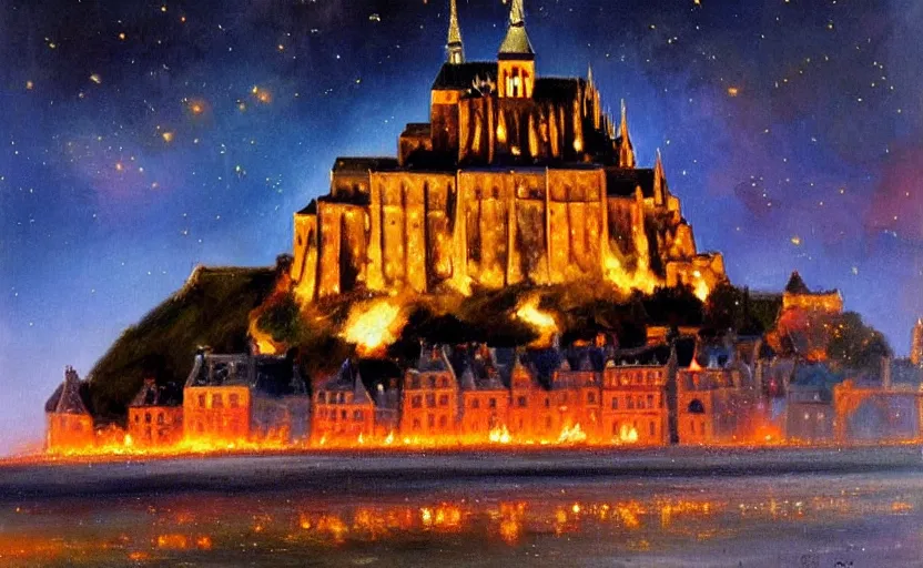 Prompt: Mont Saint Michel on fire at nighttime. Flames, burning. By Konstantin Razumov, highly detailed