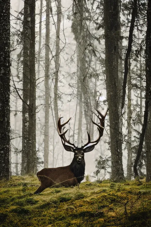 Prompt: photo of a stag with giant antlers in a pine forest in the early ours of the morning with morning fog and dew on the grass. daylight. nature. photography. national geographic. 1 0 0 mm. f / 2. 5