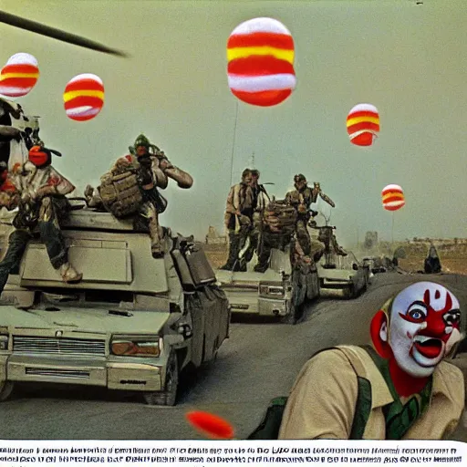 Image similar to invasion of Iraq by clowns historical image circa 2003, photo, still, photorealistic