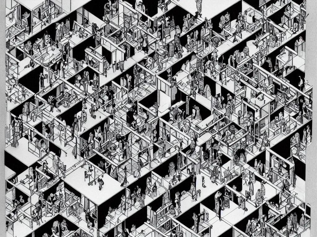 Image similar to madness in 90s cubicle office by M.C. Escher