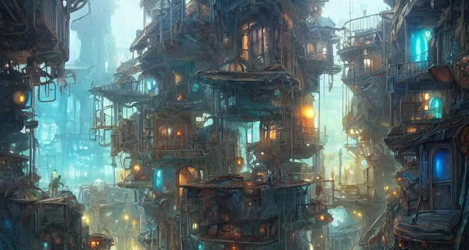 Image similar to landscape painting of the slums at the bottom of a fantasy metal steampunk city that has a light blue glow with walkways and lit windows, magali villeneuve, artgerm, rutkowski