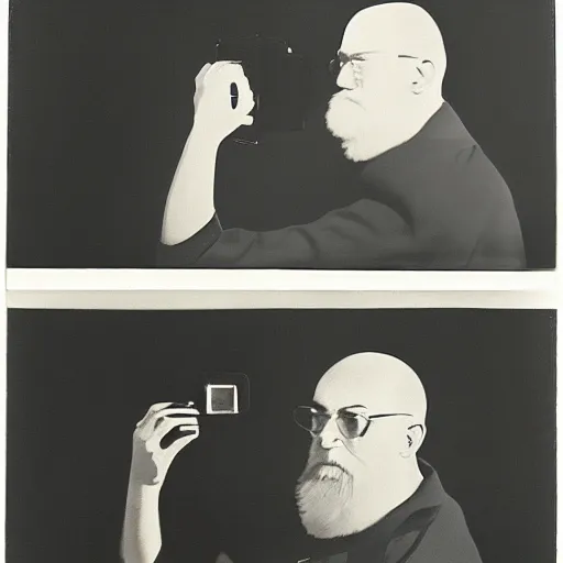 Image similar to laszlo moholy - nagy painting of beard grandpa taking a photo to a baby girl