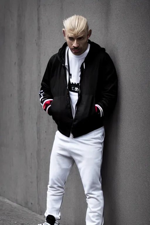 Prompt: extreme long shot. 35 years old blonde russian man in white adidas pants whith three black stripes. black jacket. black t-shirt. white sneakers. hangover face. staying on the street. 4k, 8k, hyprerealistic, extreme hight detail, trending on artstation, masterpiece