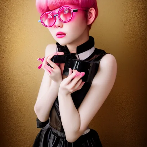 Prompt: lovely lolita japanese girl portrait, pink short hair, big eyes, pink glasses, white tights, black future science and technology machinery scarves with gold fine metal texture 3 d, by wlop, cool color palette, cinematic, epic, grandiose, moody, mathematics, futuristic, by samyang