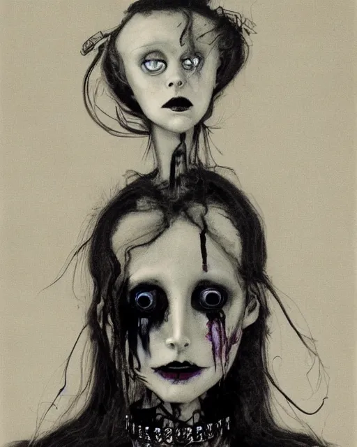 Image similar to a handsome but sinister, creepy young woman in layers of fear, wearing a vivienne westwood collar, with haunted eyes like mannequin eyes and wild hair, 1 9 7 0 s, seventies, wallpaper, a little blood, moonlight showing injuries, delicate embellishments, painterly, offset printing technique, by john howe, brom, robert henri, walter popp