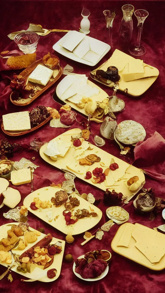 Prompt: 7 0 s food photography of an opulent spread of cheese on toast, on a velvet table cloth, dramatic diffused lighting, hasselblad 5 0 0