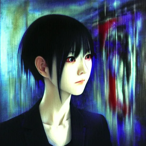 Image similar to yoshitaka amano blurred and dreamy realistic three quarter angle portrait of a young woman with short hair and black eyes wearing office suit with tie, junji ito abstract patterns in the background, shadows on the face, satoshi kon anime, noisy film grain effect, highly detailed, renaissance oil painting, weird portrait angle, blurred lost edges