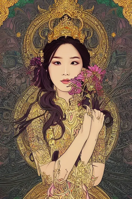 Image similar to beautiful and detailed digital illustration of thai princess by kittichai rueangchaichan, floralpunk, Artstation, art nouveau aesthetic, Alphonse Mucha background, intricate details,concept art, realistic, dramatic, detailed intricate ink illustration, heavenly atmosphere