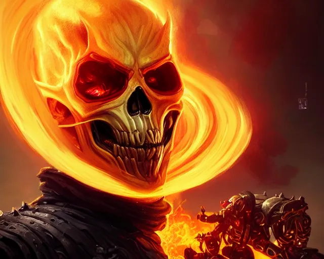 Prompt: a gaming screenshot still portrait of ghost rider, deep focus, d & d, fantasy, intricate, elegant, highly detailed, digital painting, artstation, concept art, matte, sharp focus, illustration, dark fantasy style art, hearthstone, art by artgerm and greg rutkowski and alphonse mucha