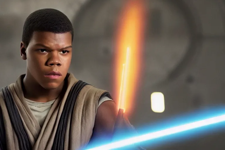 Image similar to Star Wars, Finn played by John Boyega does jedi training with a lightsaber ultra realistic, 4K, movie still, UHD, sharp, detailed, cinematic