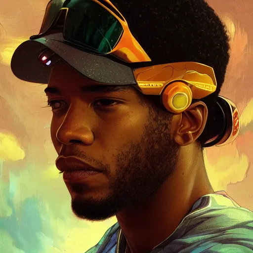 Prompt: scifi character portrait of Kid Cudi wearing a jordy leforge visor, intricate, wild, highly detailed, digital painting, artstation, concept art, smooth, sharp focus, illustration, art by artgerm and greg rutkowski and alphonse mucha
