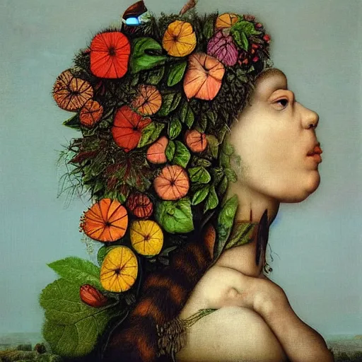 Image similar to a beautiful profile portrait of a beautiful female, leaves, by giuseppe arcimboldo,, psychedelic, surreal, dreamlike, environmental friendly, nature.