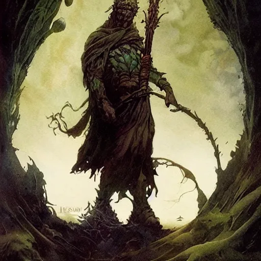 Image similar to a druid at the beginning of the world by alan lee and peter mohrbacher and frank frazetta and mike mignola