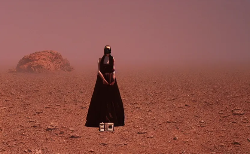 Prompt: levitating woman with fractal mirror dress with white flowers and full - face golden mask inside a thick black smoke in rocky desert landscape, sand alien city in the landscape, burning earth by gaspar noe and christopher doyle, anamorphic lens, anamorphic lens flares, kodakchrome, cinematic composition, practical effects, award winning photo, 8 k