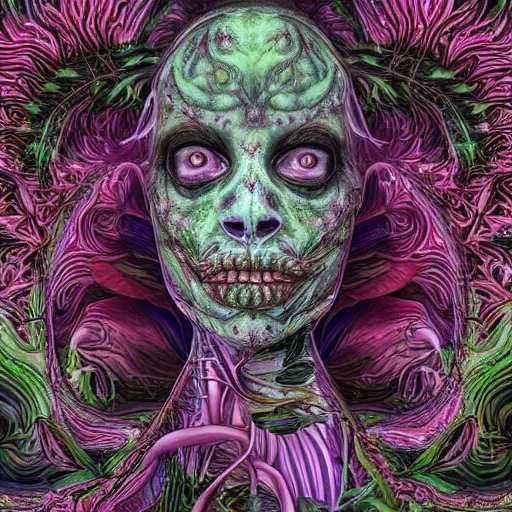 Prompt: a beautiful detailed photo of a centered full body rotten woman corpse morphing into fractal plants and fractal flowers and mushrooms, face muscles, veins, anatomical, intricate, ornate, volumetric light, beautiful lit, beetlejuice