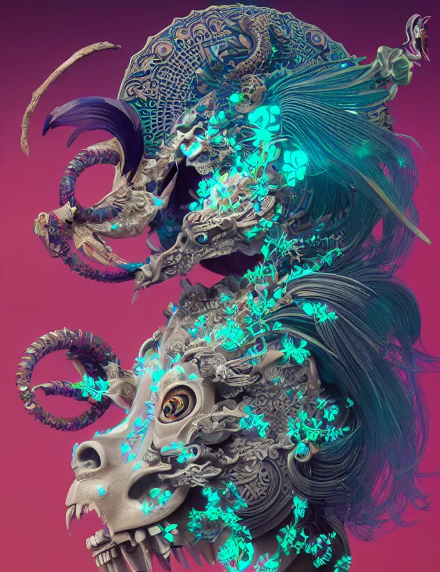 Image similar to 3 d goddess close - up profile solarpunk portrait ram skull. beautiful intricately detailed japanese crow kitsune mask and clasical japanese kimono. betta fish, jellyfish phoenix, bio luminescent, plasma, ice, water, wind, creature, artwork by tooth wu and wlop and beeple and greg rutkowski