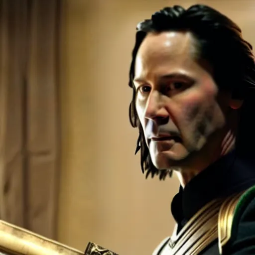 Image similar to film still of Keanu Reeves as Loki holding scepter in Avengers Endgame