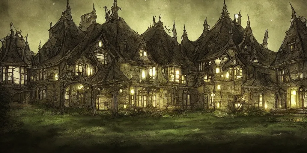 Image similar to manor in the middle of the forest, at night, no light, artstation, detailled, manga!!!, fantasy