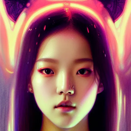 Image similar to jisoo of blackpink, hyperrealistic portrait, bladerunner street, art by artgerm and greg rutkowski and fra angelico and alphons mucha, fantasy art, photo realistic, dynamic lighting, artstation, poster, volumetric lighting, very detailed face, intricate complexity, rule of thirds, 8 k, award winning, unreal engine