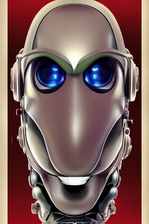 Image similar to portrait of a organic cyborg head wrapped in plastic by pixar, centered, symmetrical, bilateral symmetry, 80s poster, polished, retro dark vintage sci-fi, 2D matte illustration