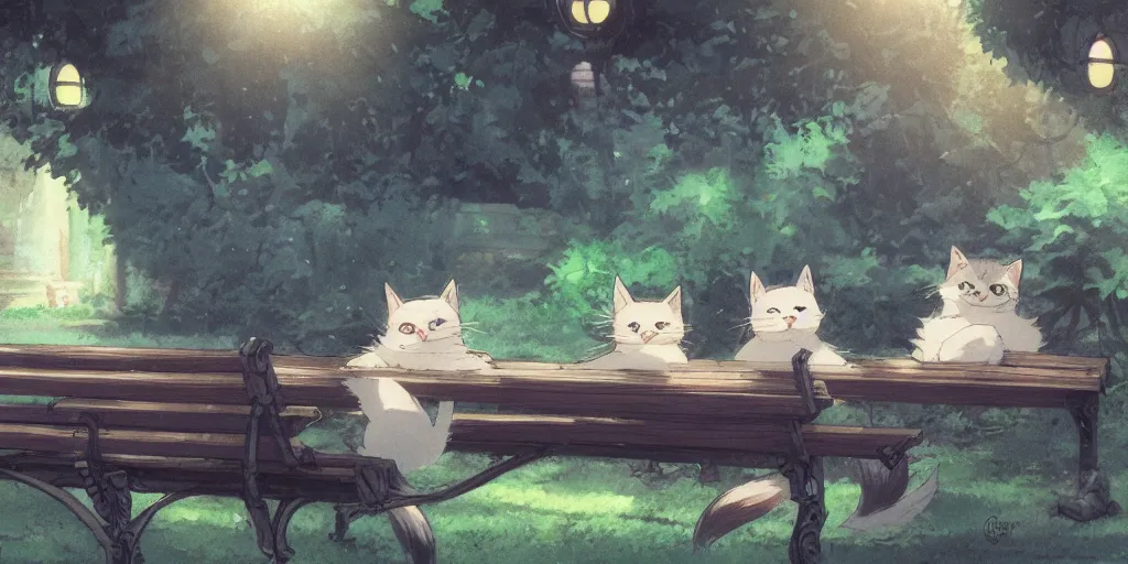 Image similar to several cats sitting on a bench, close up shot, anime art, Greg Rutkowski, studio ghibli, dramatic lighting