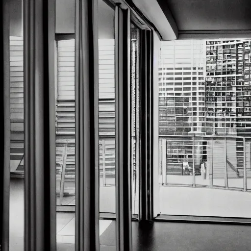 Prompt: noisy color photograph of a retrofuturist liminal space, looking over an indoor balcony, minimalist, cinematic, soft vintage glow