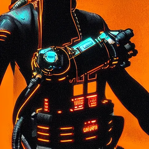 Image similar to mechanic wearing cyberpunk 2 0 7 7 industrial mechanical arms. orange and black color scheme. mechanical concept art by james gurney and mœbius.